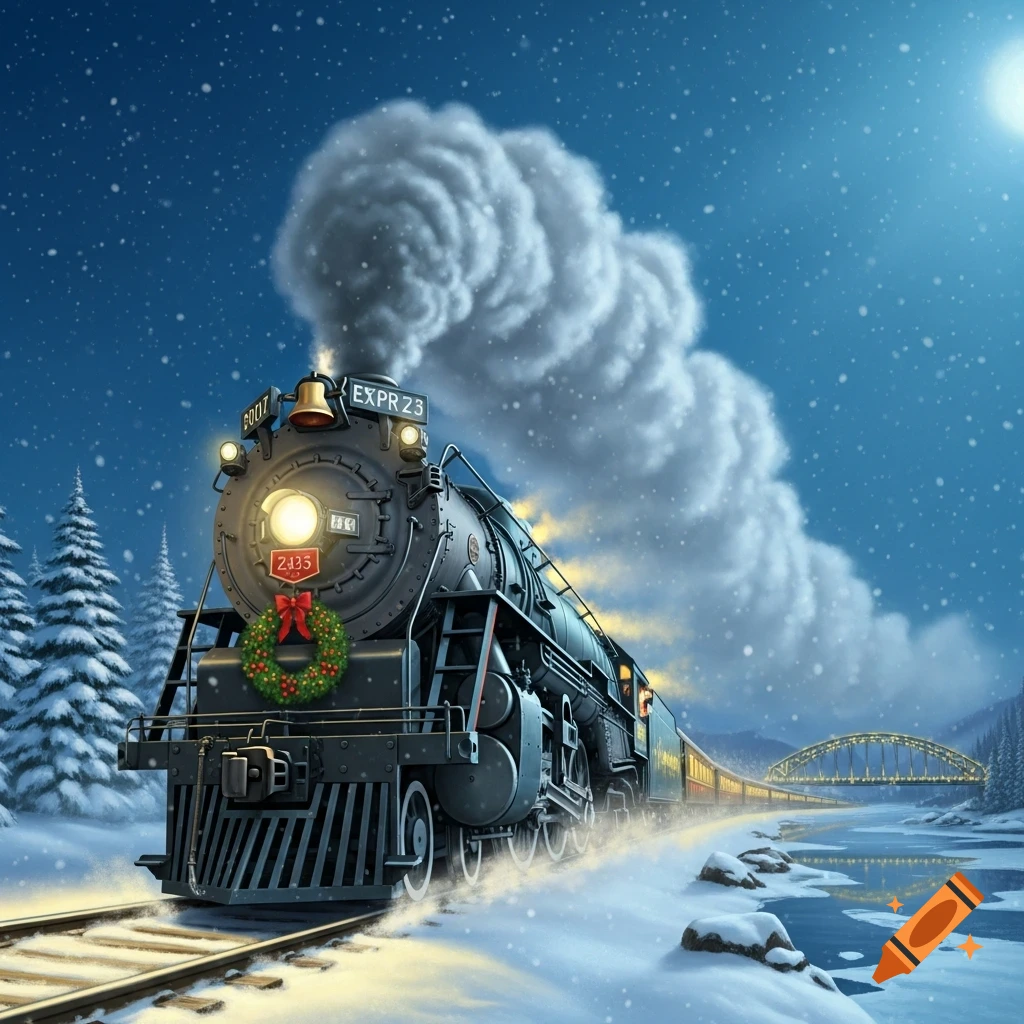 A steam train, adorned with a Christmas wreath and lights, travels through a snowy winter landscape under a starry night sky.