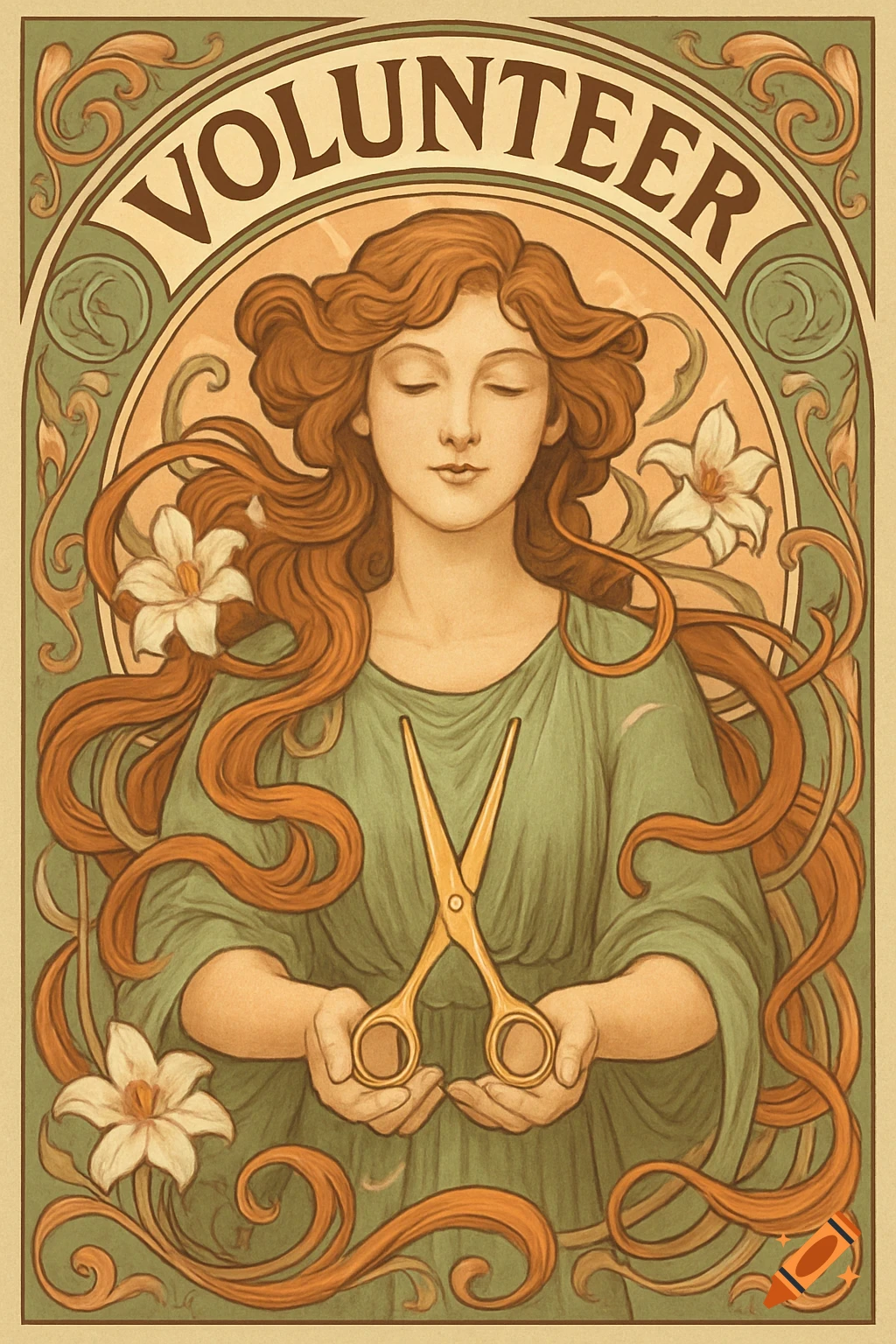 An Art Nouveau poster featuring a woman with flowing hair holding golden scissors, surrounded by lilies and ornate foliage, with 'VOLUNTEER' at the top.