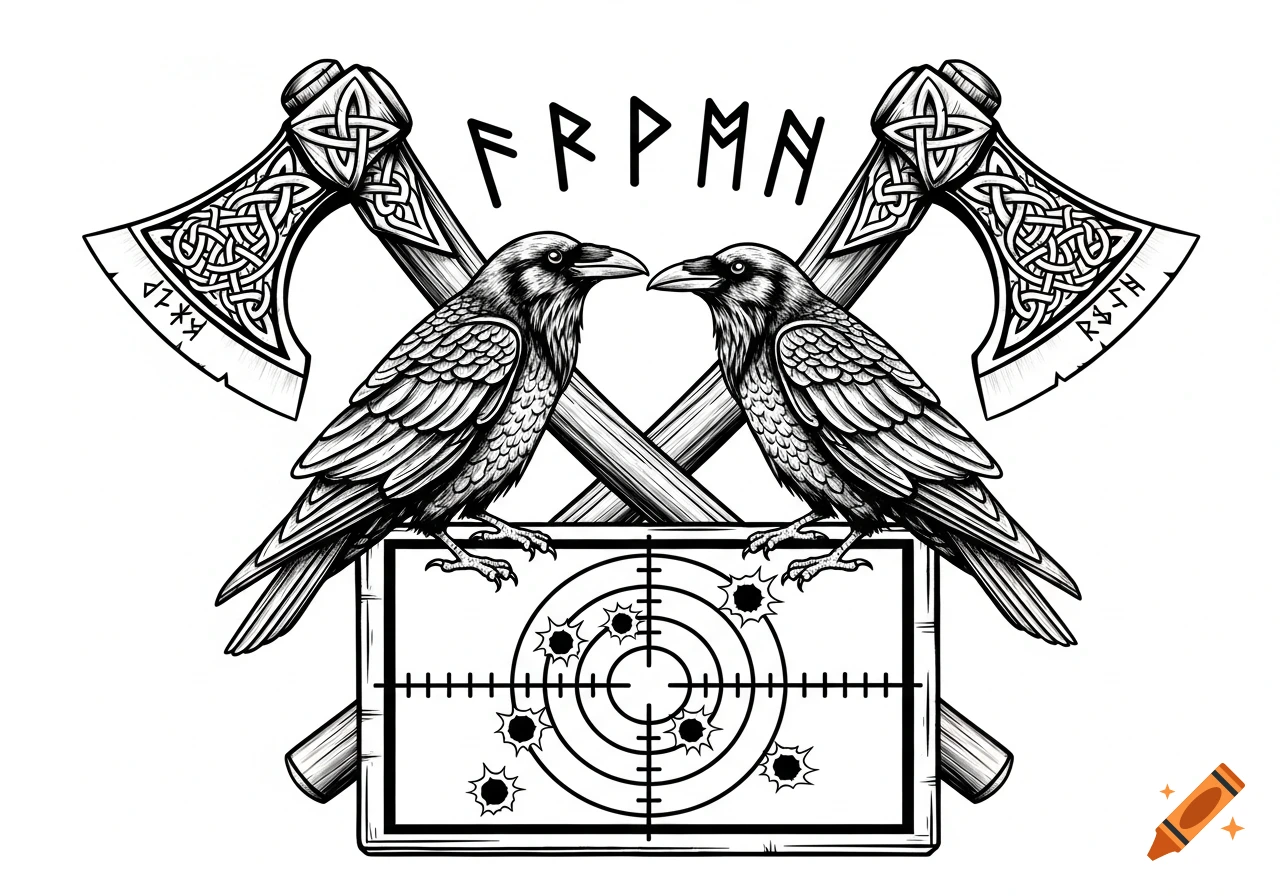 Black and white Viking-style tattoo design featuring two ravens perched on a rectangular target with bullet holes, with crossed battle axes in the background.