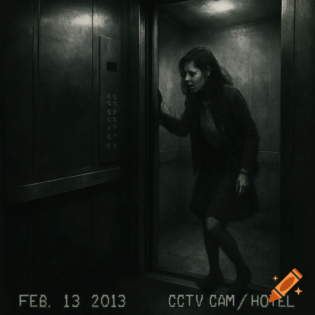 Monochrome CCTV footage shows a distressed woman in a dark elevator, looking right with mouth open, her hand near the door.