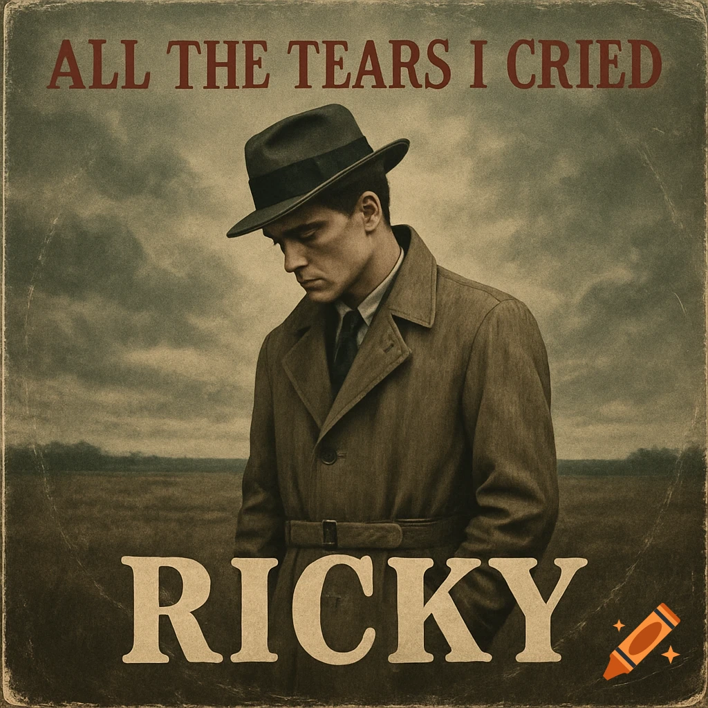 Vintage LP cover with a sad man in a fedora and trench coat in a field, titled 'All the Tears I Cried' by RICKY.