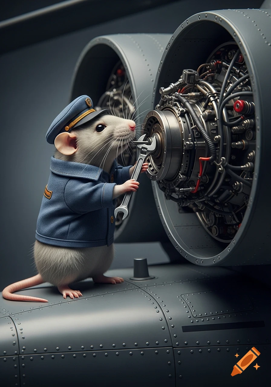 A realistic photograph of a small rat in a mechanic's uniform and cap, holding a wrench and working on a detailed engine.