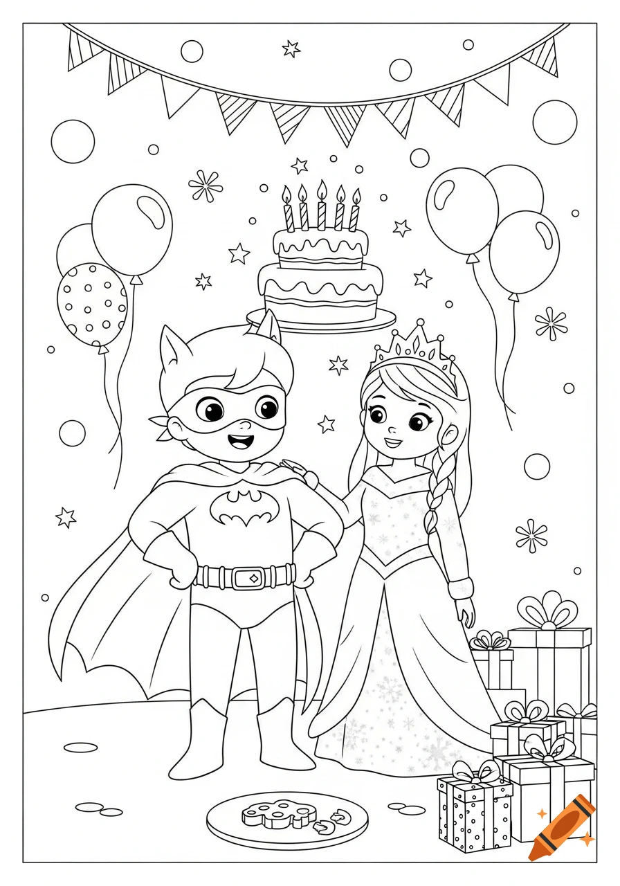 Black and white line art coloring page of a superhero boy and an ice princess girl celebrating a birthday with cake, balloons, and gifts.