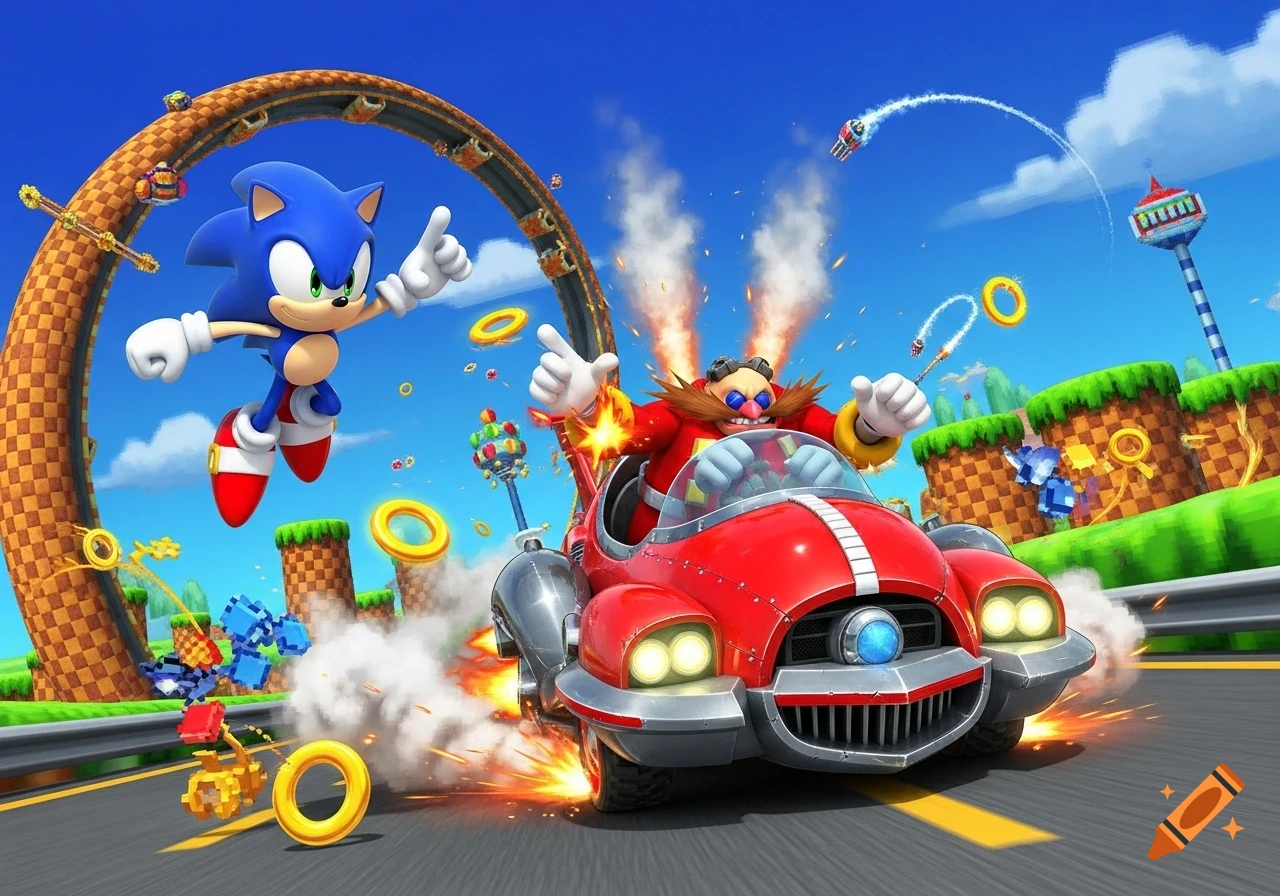 Sonic the Hedgehog jumps over a loop while Dr. Eggman races below in his red Eggmobile on a vibrant track.