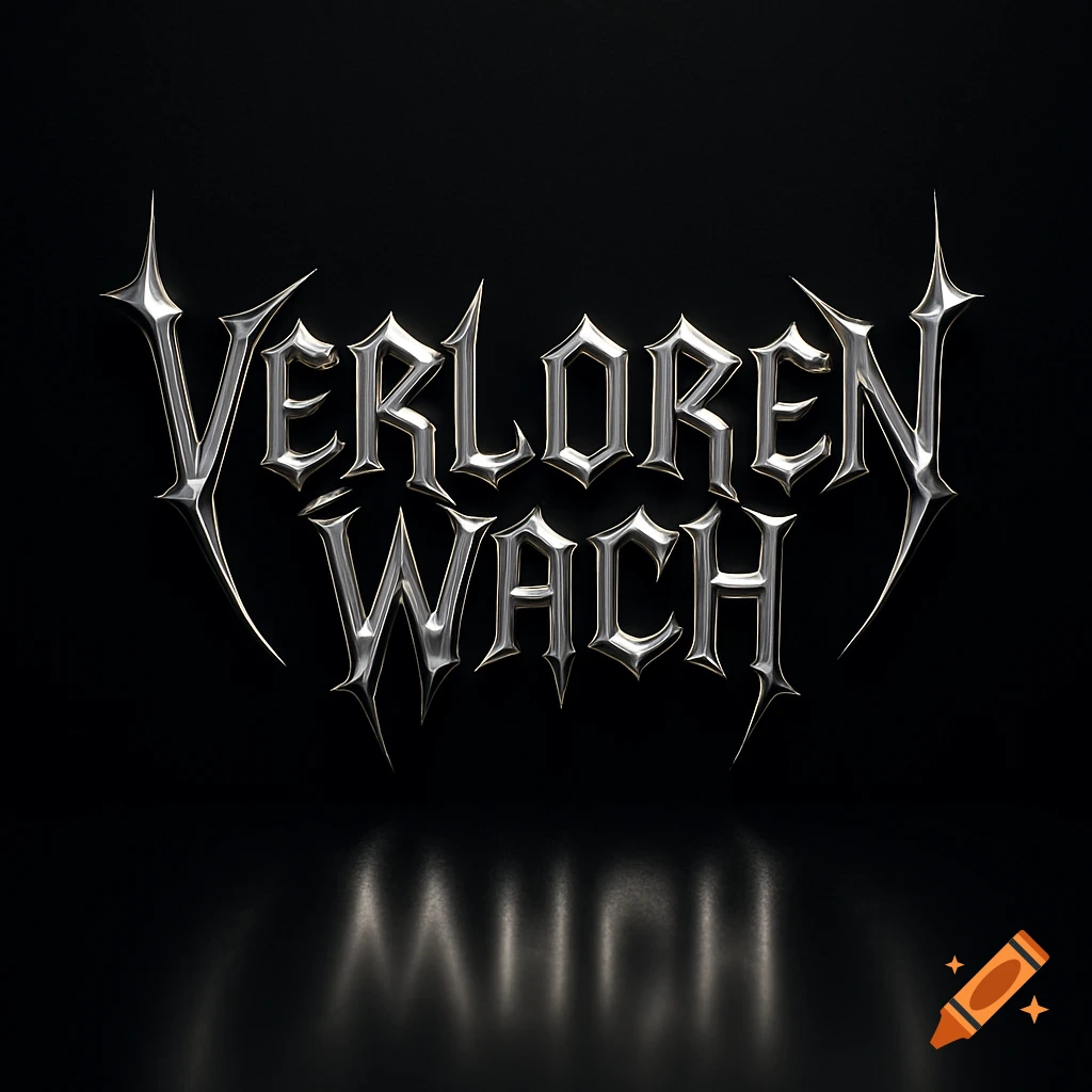 Metallic chrome text 'VERLOREN WACH' in a jagged font, reflecting on a dark surface.