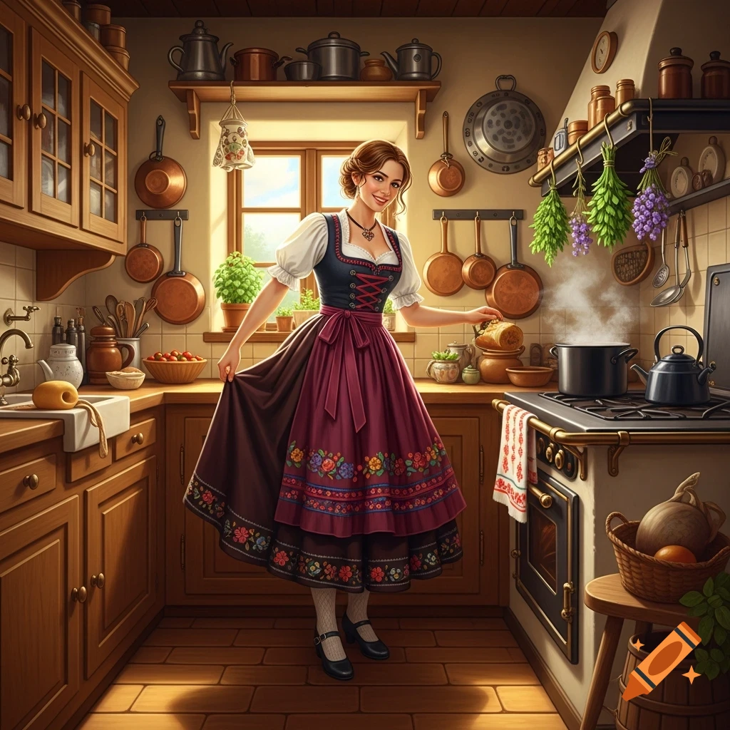 A smiling woman in a traditional dirndl dress stands in a rustic kitchen with pots and pans, holding her skirt.