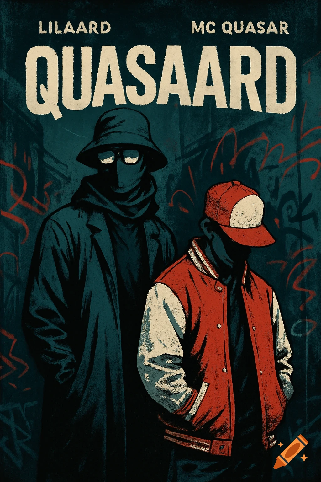 A stylized illustration of two masked hip-hop artists against a graffiti backdrop, one in a trench coat and bucket hat, the other in a varsity jacket. Text reads LILAARD, MC QUASAR, and QUASAARD.