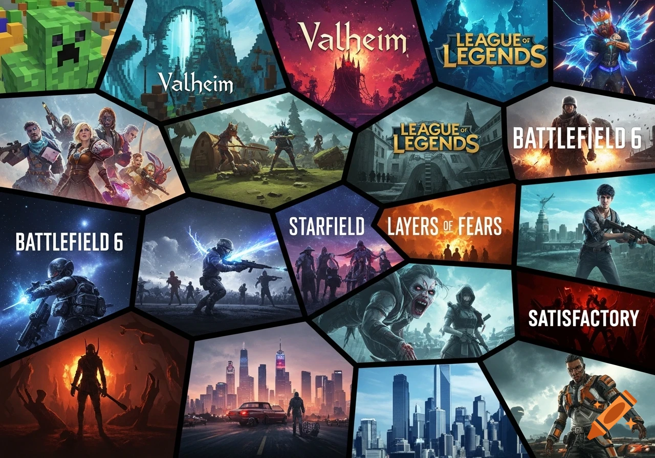A collage of video game screenshots in a shattered display style, featuring titles like Minecraft, Valheim, League of Legends, Battlefield 6, Starfield, Layers of Fears, and Satisfactory.
