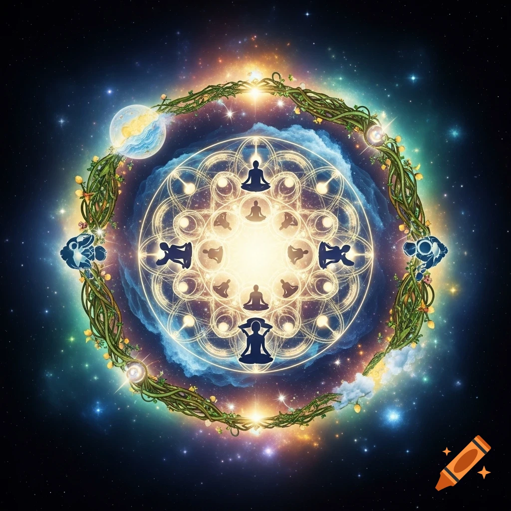 A vibrant, symbolic cosmic mandala featuring silhouetted meditating figures, encircled by a glowing vine wreath and starry galaxy.