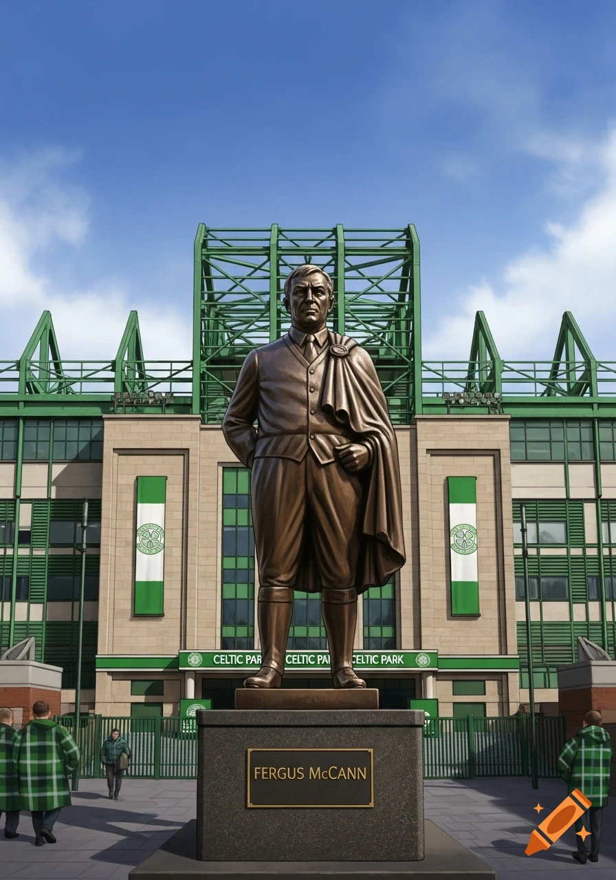 A bronze statue of Fergus McCann in a suit and cloak stands before the green and beige Celtic Park stadium under a clear blue sky.