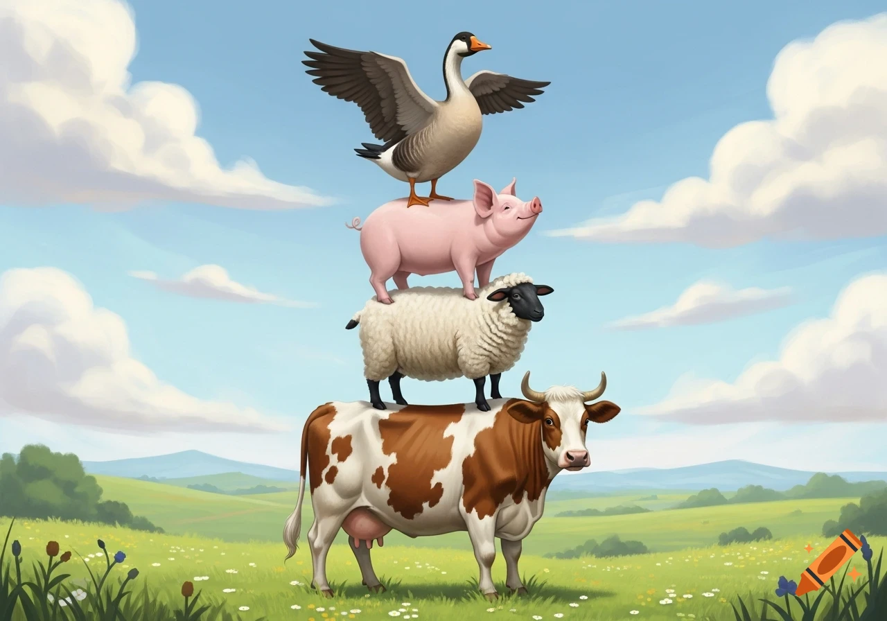 A goose, pig, sheep, and cow are stacked on top of each other in a whimsical style, standing in a green meadow under a blue sky.