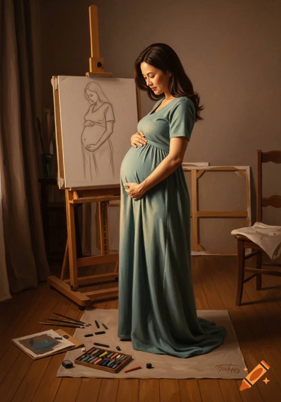 A pregnant woman in a blue dress stands in an art studio, holding her belly, next to an easel with a sketch of her.