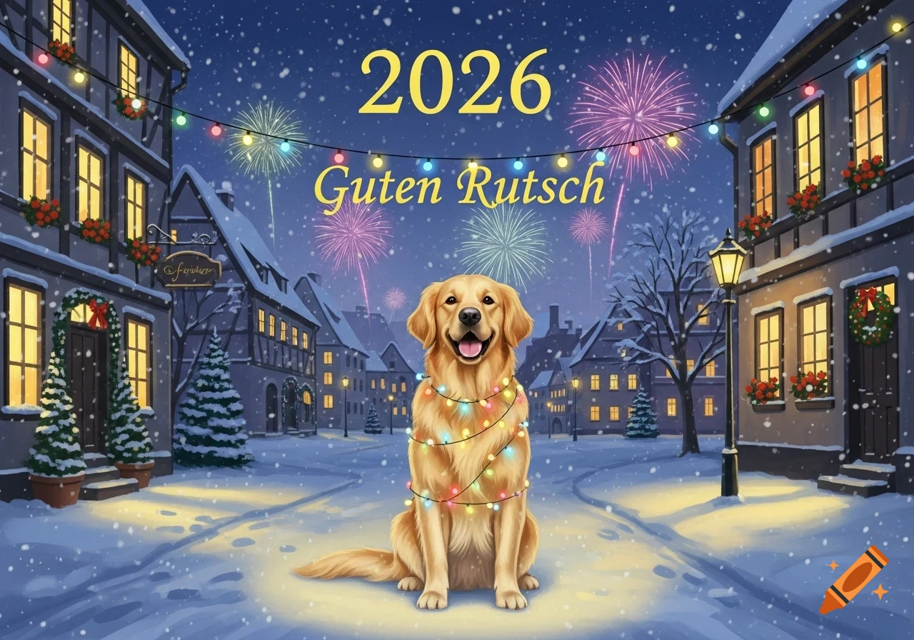 Illustrated golden retriever wrapped in string lights on a snowy street with village houses, fireworks, and '2026 Guten Rutsch' text.