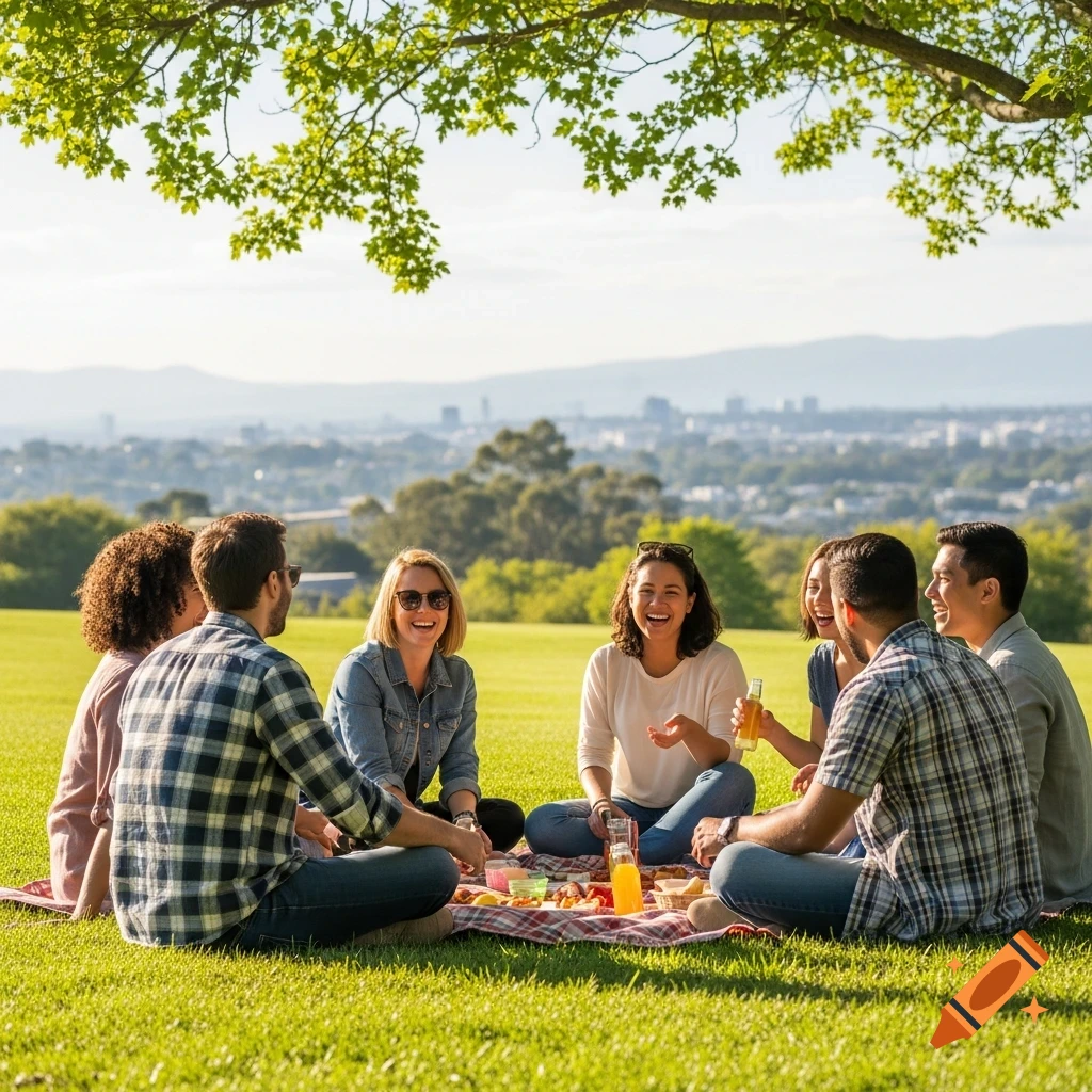 A diverse group of friends laugh while having a picnic on a grassy hill overlooking a city.