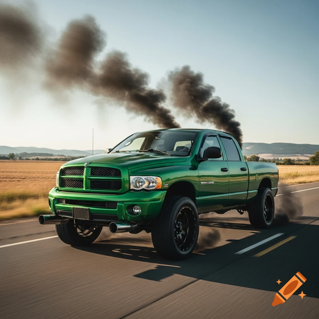 Bright green Dodge Ram truck with black rims driving on a rural road, emitting black exhaust smoke.