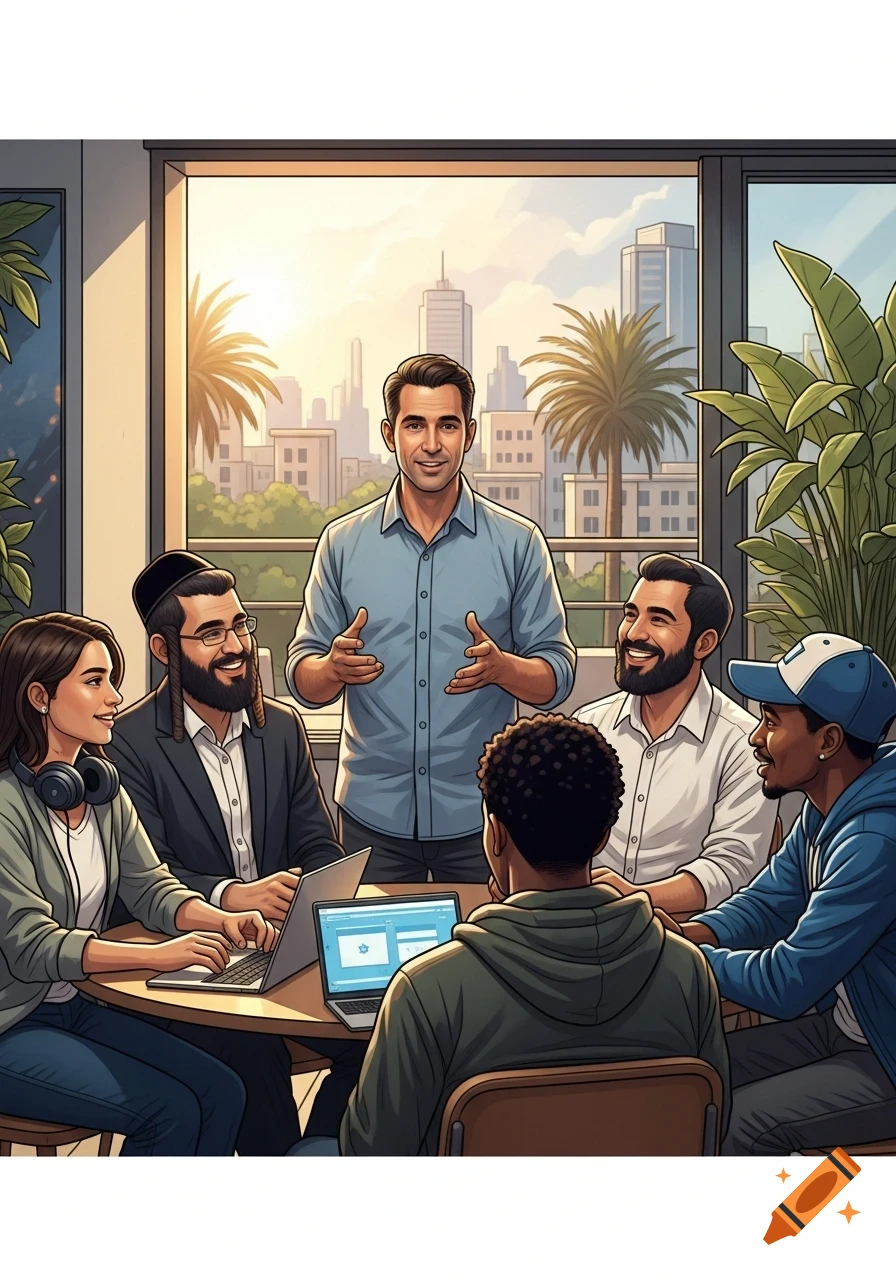 A charismatic man speaks to a diverse group of five people around a table with laptops, in a modern urban lounge setting. Illustrated style.
