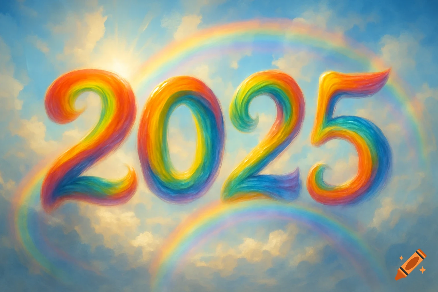 Large, bold numbers '2025' in vibrant rainbow colors against a sunny blue sky with clouds and subtle rainbows, digital art.