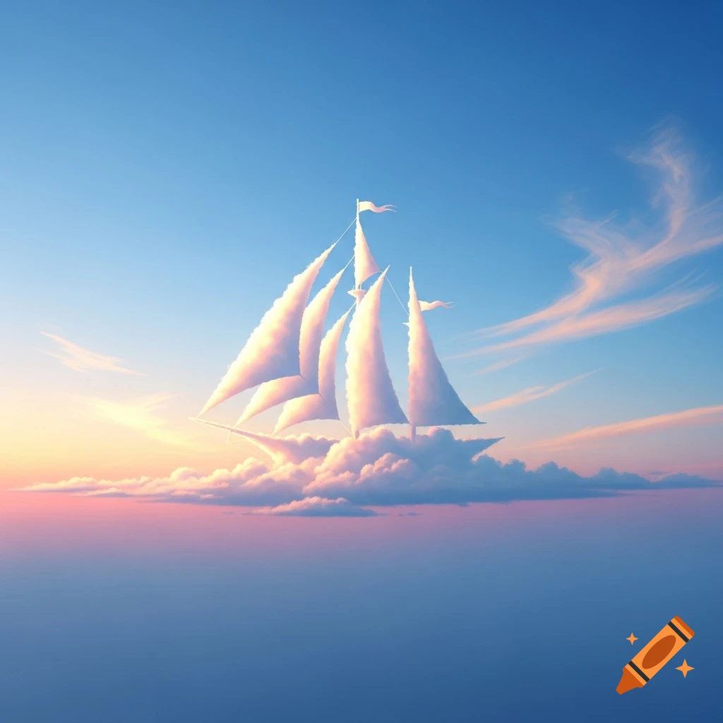 A dreamy sailboat made of white clouds floats in a blue sky with pink and orange sunset hues.