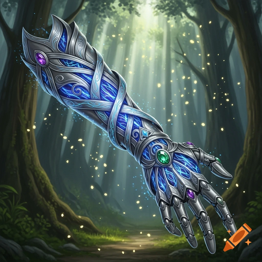 A highly detailed, silver fantasy prosthetic arm with blue Celtic knot patterns, glowing magic, and gemstones floats in a magical forest.