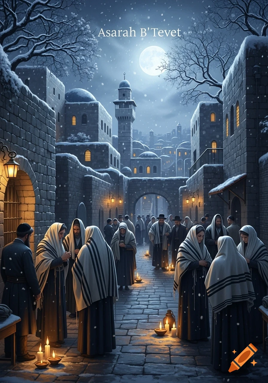 People gather in a snowy, cobblestone street at night, holding candles under a full moon in a traditional city. Text "Asarah B'Tevet".