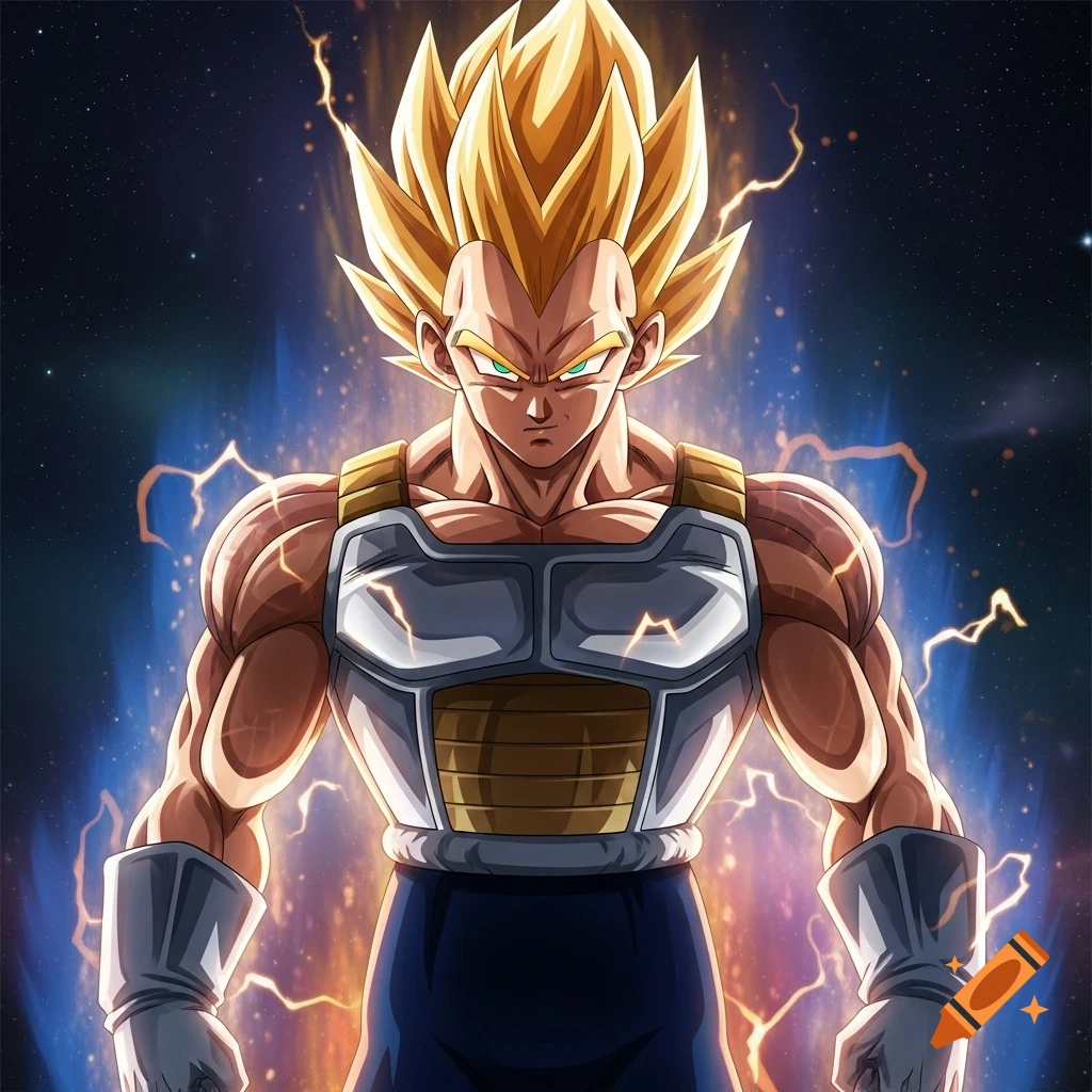 Anime illustration of Super Saiyan Vegeta with golden spiky hair, wearing Saiyan armor, emanating blue and orange energy against a starry cosmos.