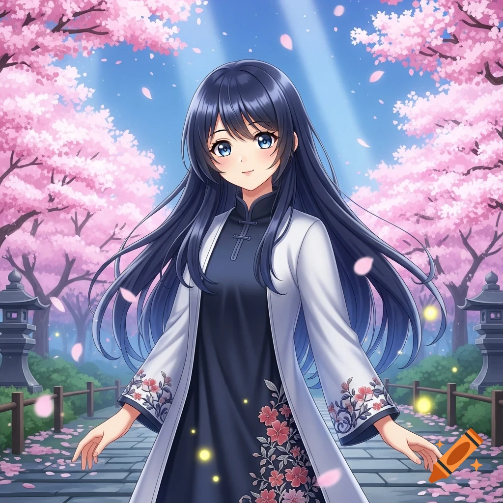 An anime girl with dark blue hair in a white and dark blue outfit, standing on a path lined with pink cherry blossom trees, with petals falling.