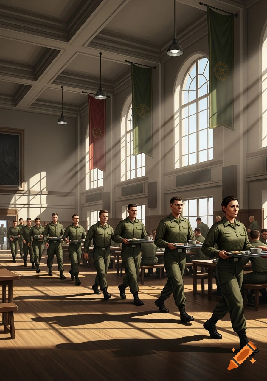 Soldiers in olive green uniforms file into a brightly lit mess hall, carrying trays, with sunlight streaming through tall arched windows.