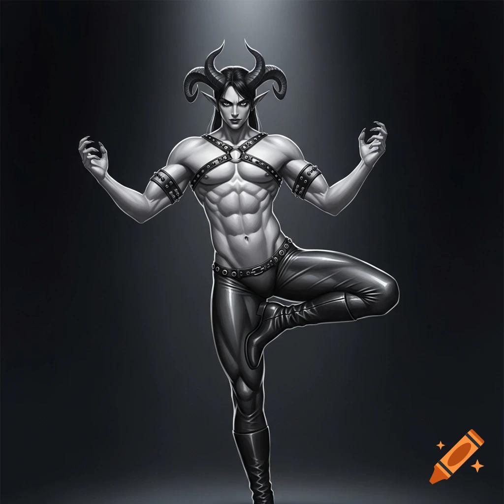 Muscular manga-style demon in a yoga pose, with horns, long dark hair, a leather harness, and tight pants, in grayscale.
