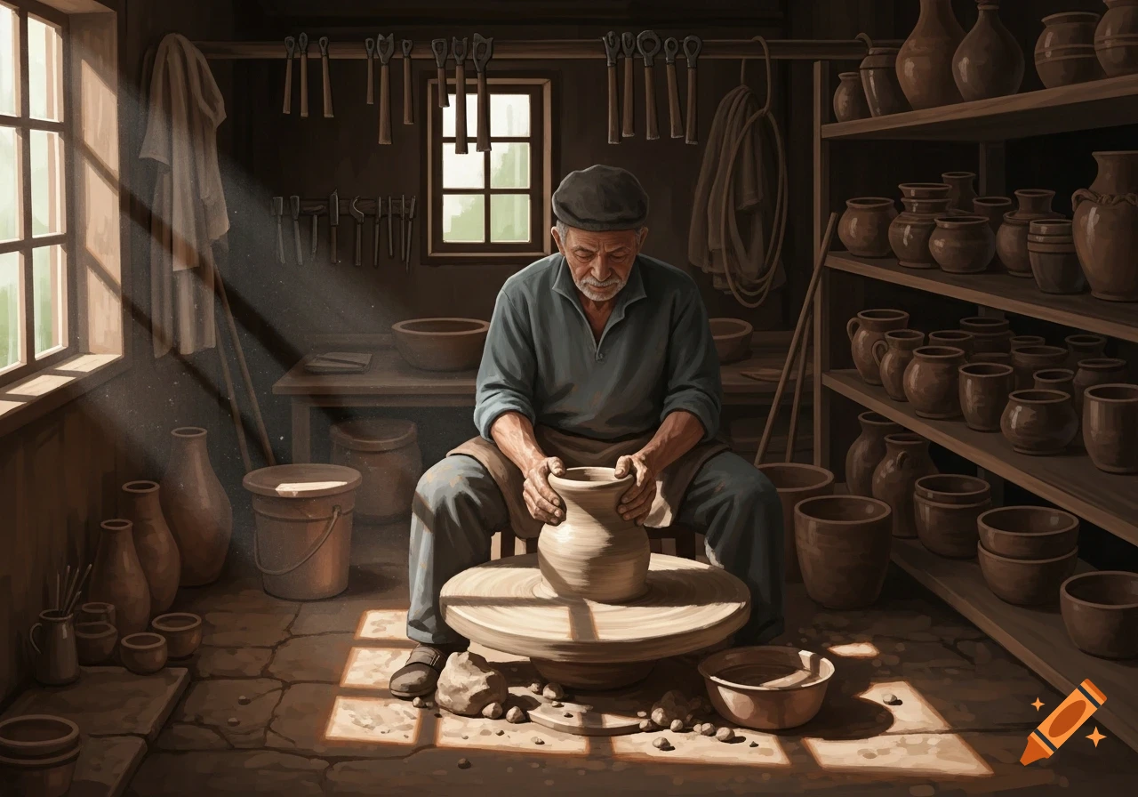 An old man in a beret works on a pottery wheel in a sunlit, rustic workshop filled with shelves of finished pots and tools.