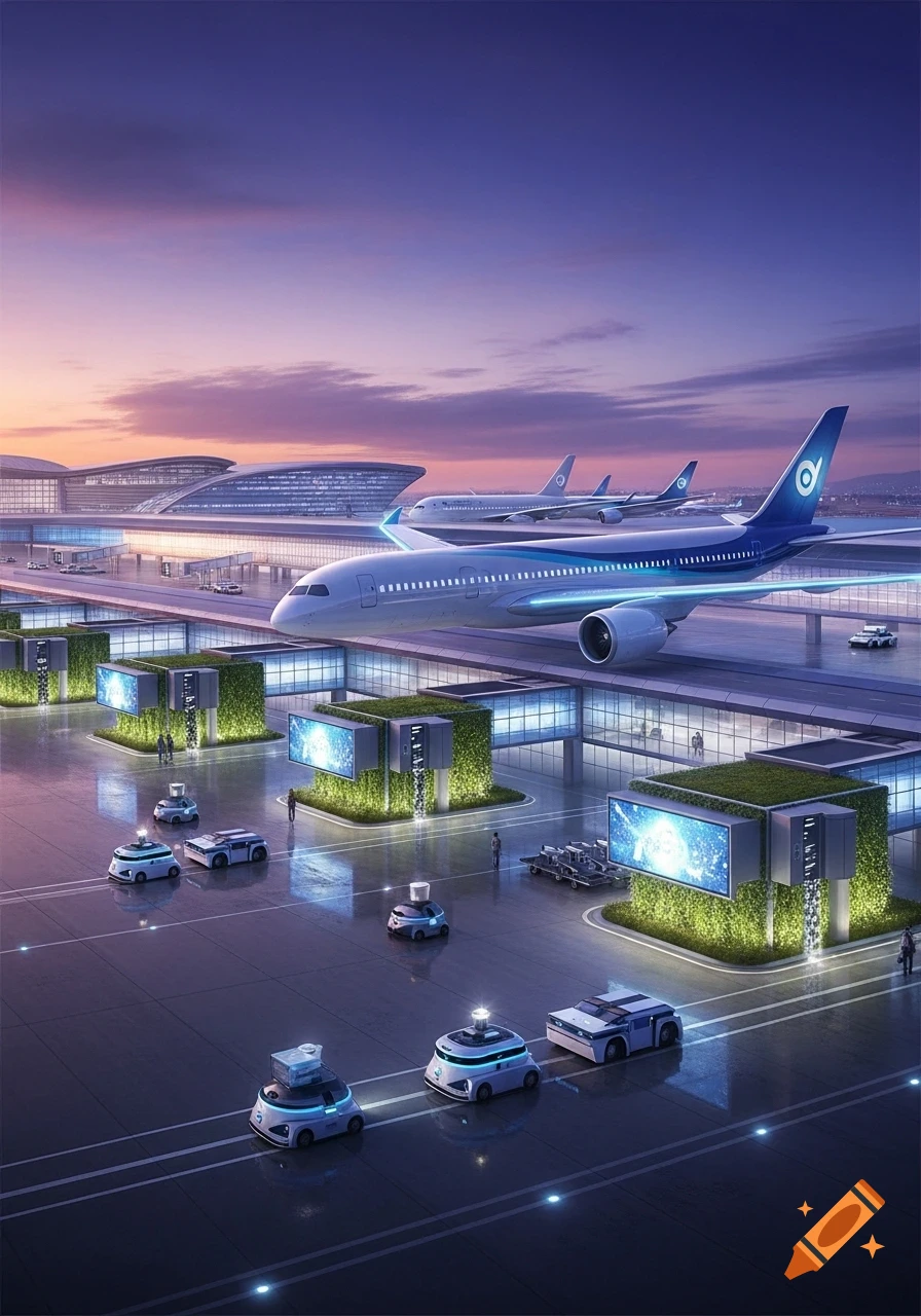 A futuristic airport with sleek airplanes and autonomous ground vehicles at sunset. The airport features modern architecture and green spaces.