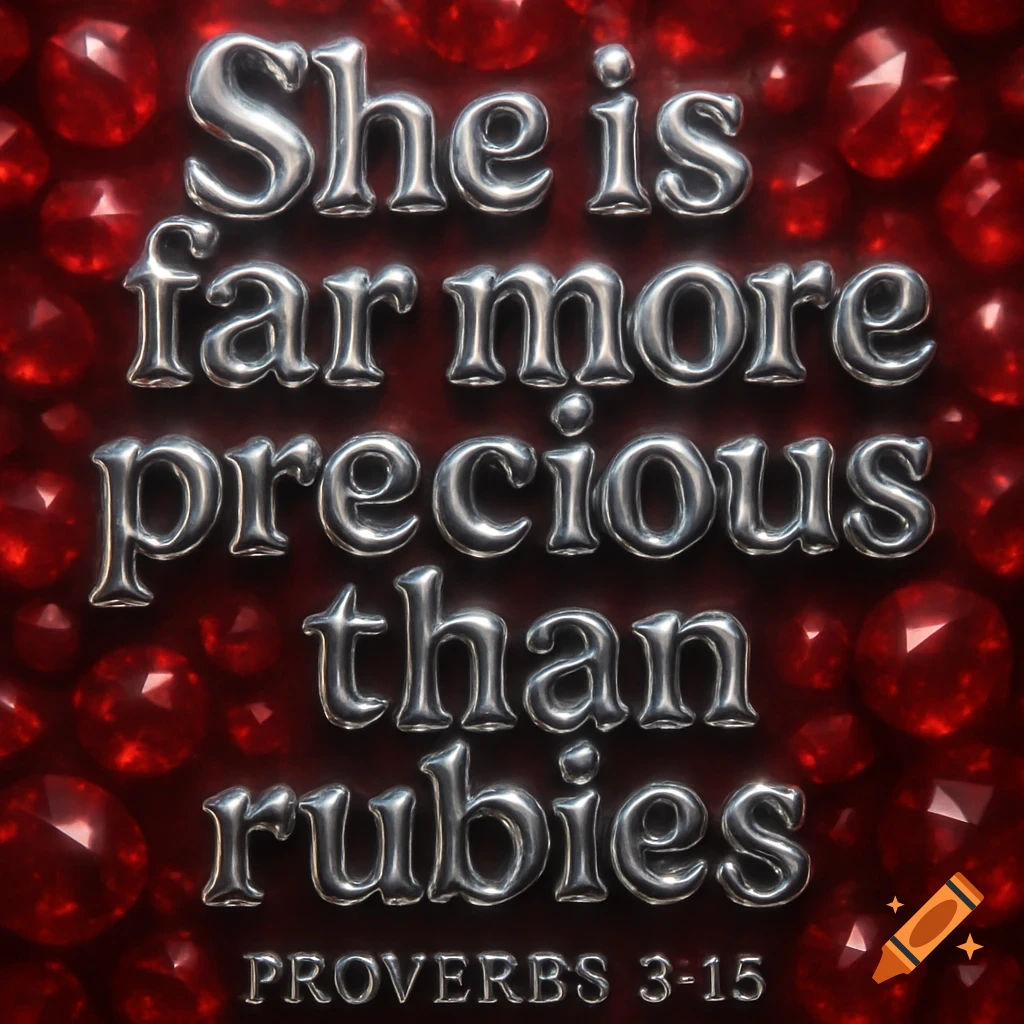 Shiny silver bubble text "She is far more precious than rubies. Proverbs 3:15" on a bed of red faceted rubies.