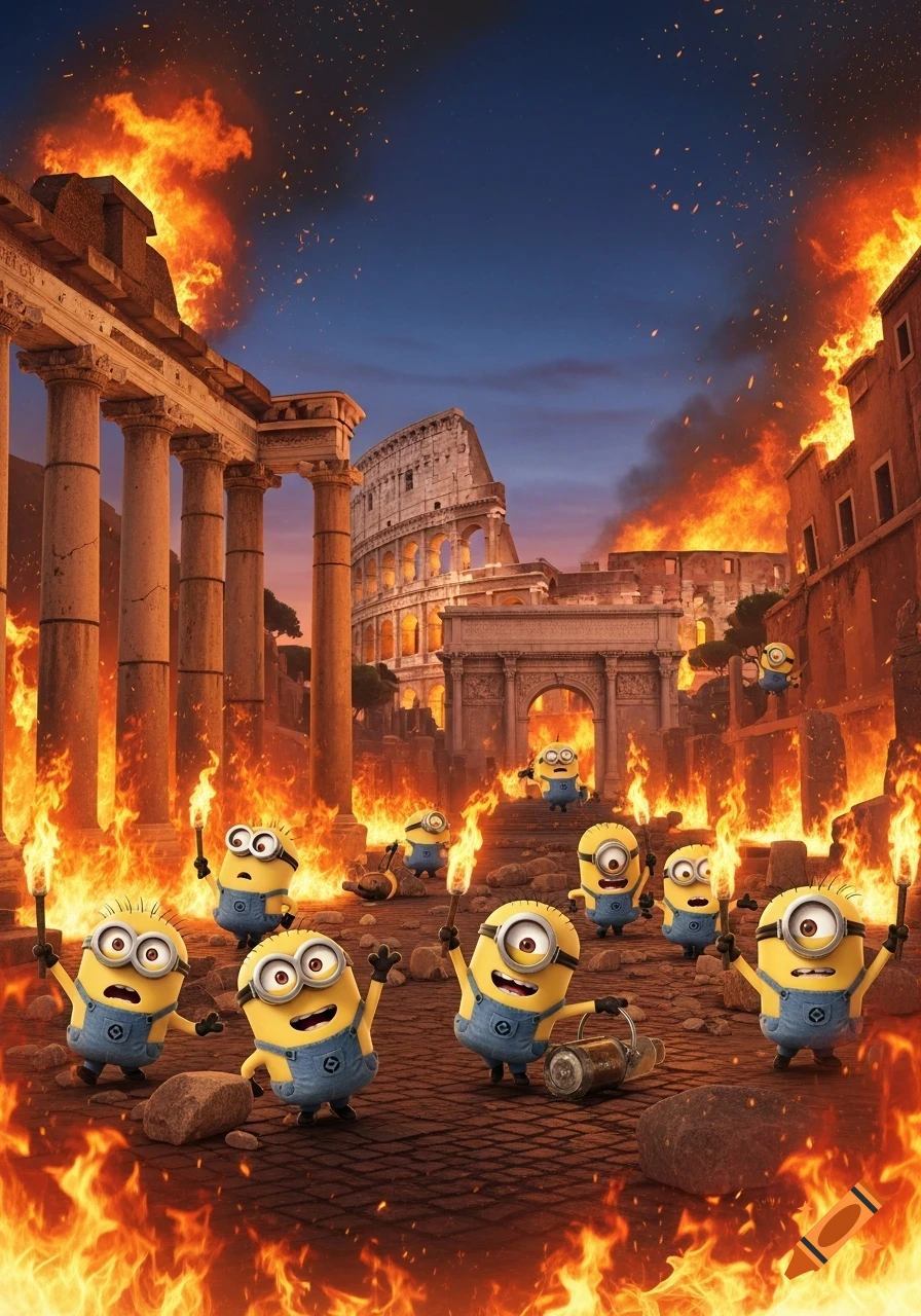 Cartoon Minions with torches surrounded by raging fires in ancient Rome, with the Colosseum visible in the background.