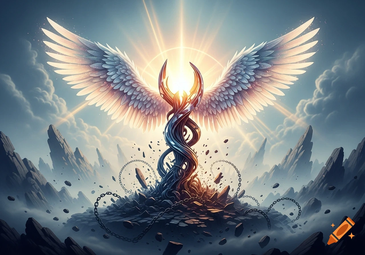 A radiant, winged, twisted monument emerges from shattered earth, glowing brightly against a dramatic cloudy sky and rocky peaks.