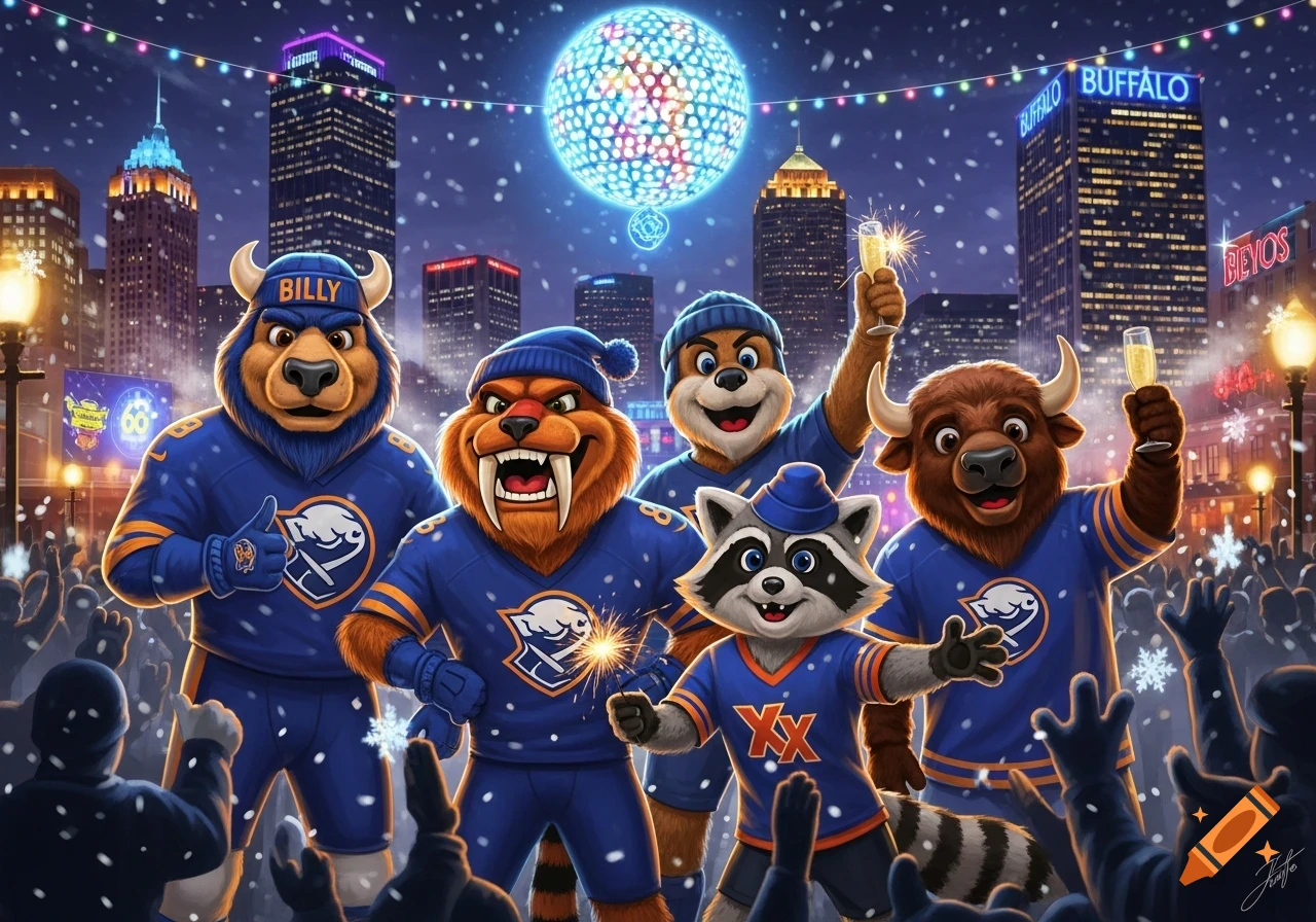 Five animal mascots, including a bear, sabertooth, and bison, in sports jerseys celebrate New Year's Eve downtown Buffalo with snow and a disco ball.