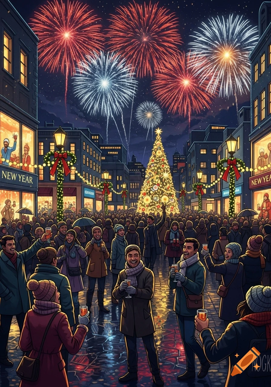 An illustrative street scene shows a large crowd celebrating New Year's Eve with fireworks exploding in the night sky above a brightly lit Christmas tree and decorated buildings.