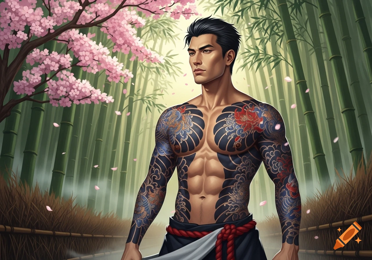 A muscular Japanese man with full body tattoos stands shirtless in a bamboo forest with pink cherry blossoms.