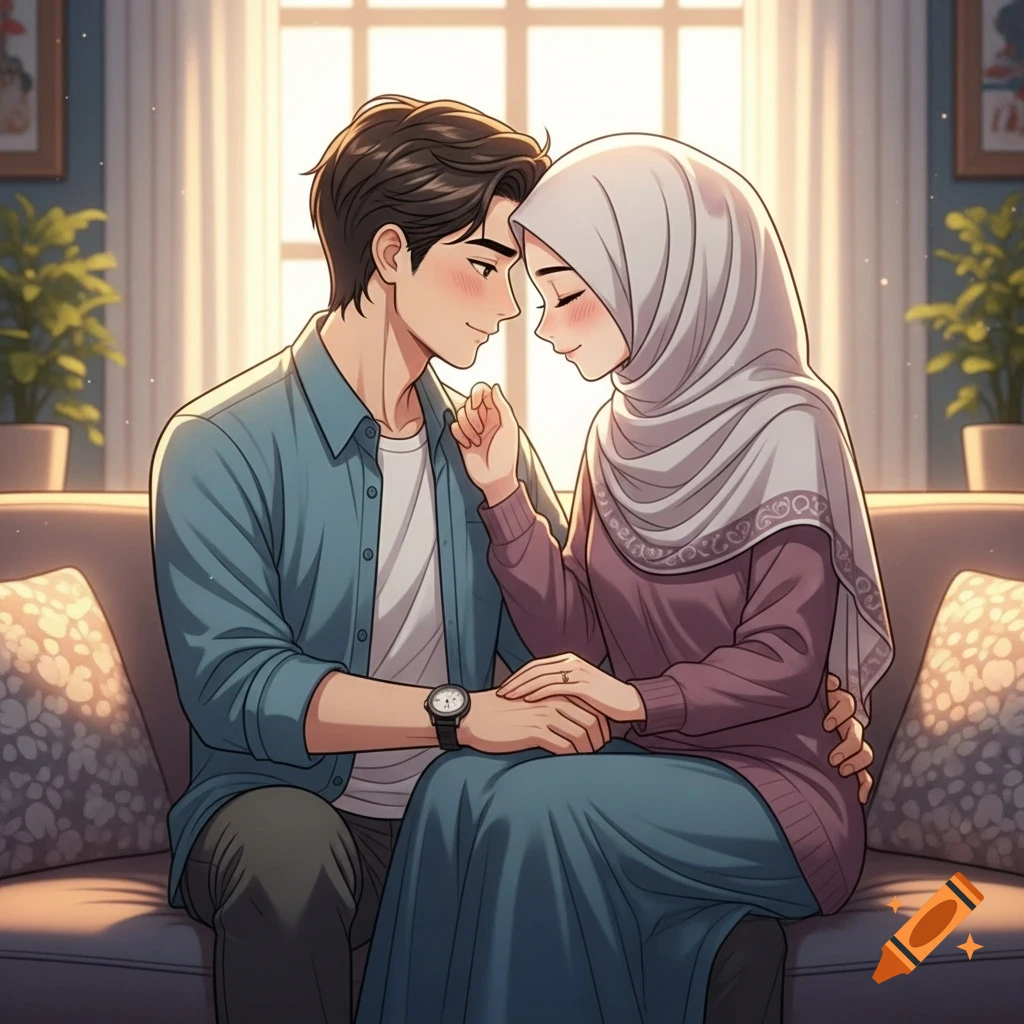 An anime couple, a man and a hijabi woman, sitting closely on a couch in a sunlit room, holding hands.