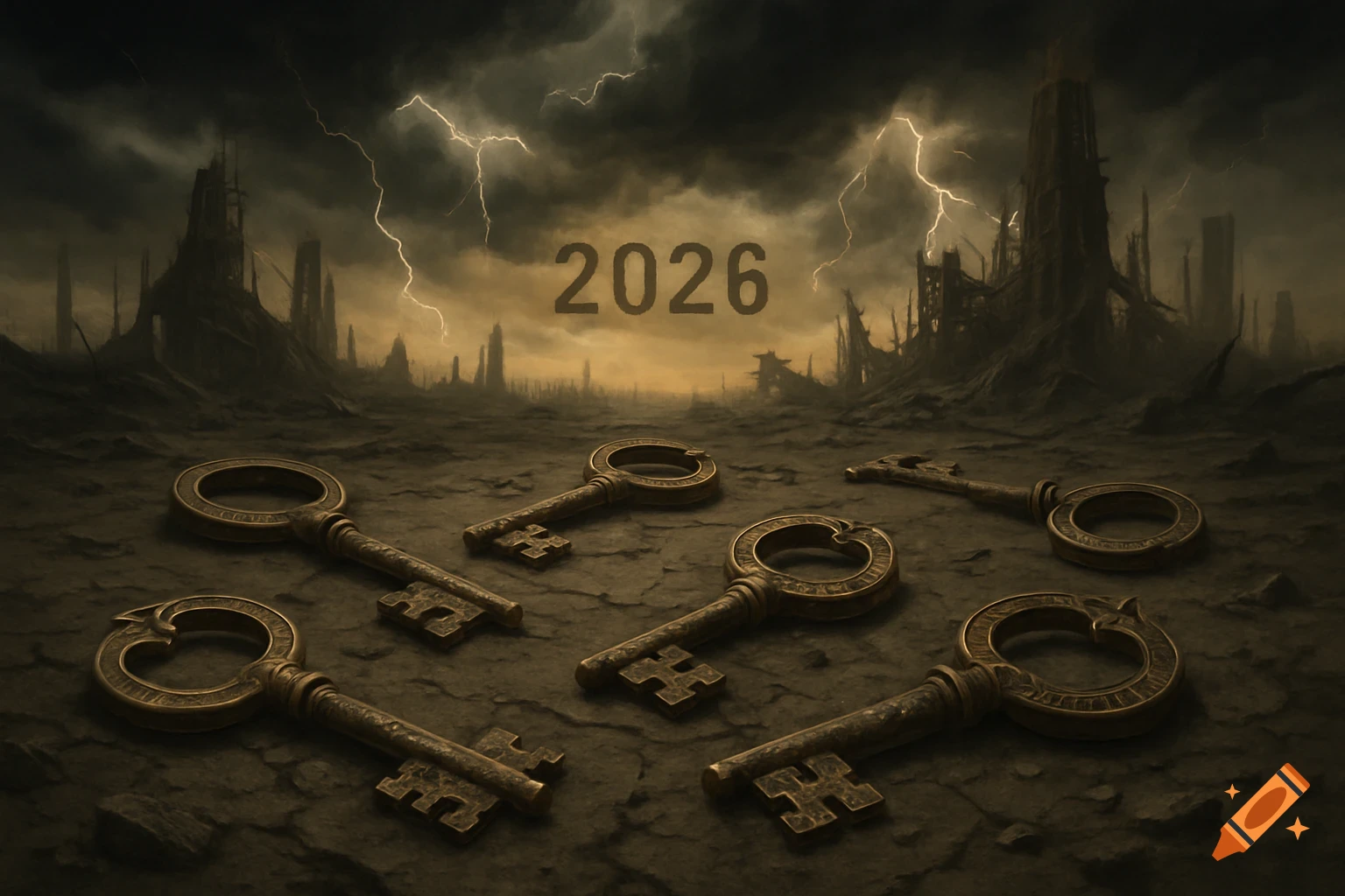 Six antique keys lay on cracked ground under a stormy, lightning-filled sky with ruined structures and the year 2026.