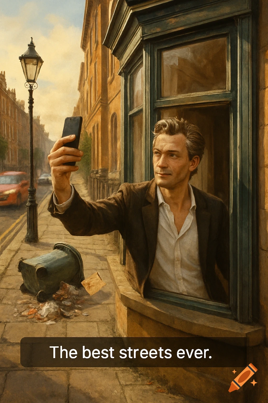 A man in a painterly style takes a selfie from a window, overlooking a street with a tipped trash bin and buildings.
