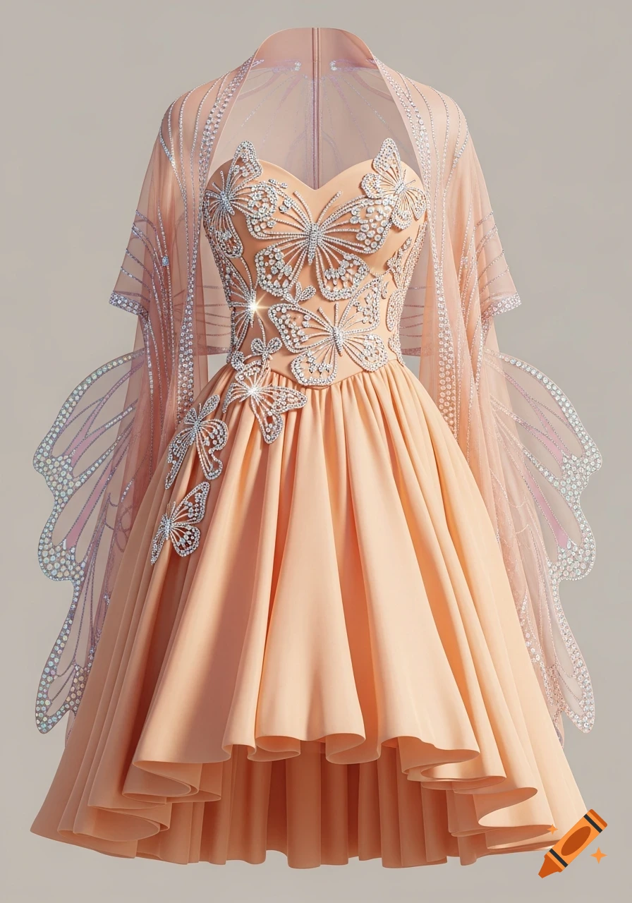 A pastel peach strapless dress with a sweetheart bodice, adorned with shimmering rhinestone butterflies, a layered skirt, and a sheer shawl resembling butterfly wings.