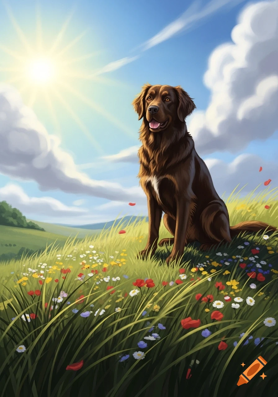 A brown dog sits happily in a vibrant field of green grass and wildflowers under a bright sunny blue sky, in an illustrative style.