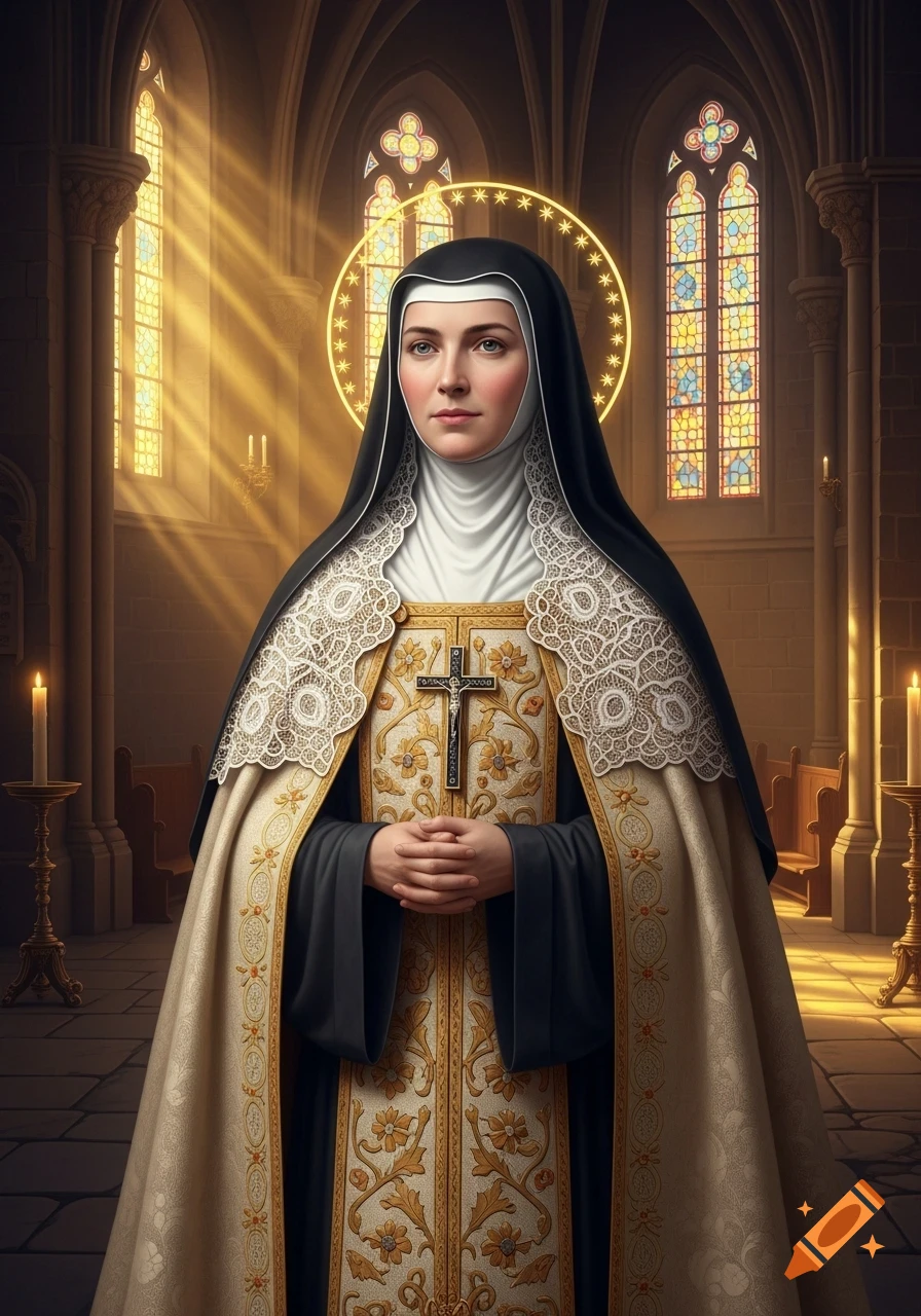 Hyper-realistic portrait of an abbess in a black veil and richly embroidered habit, standing in a sunlit church.