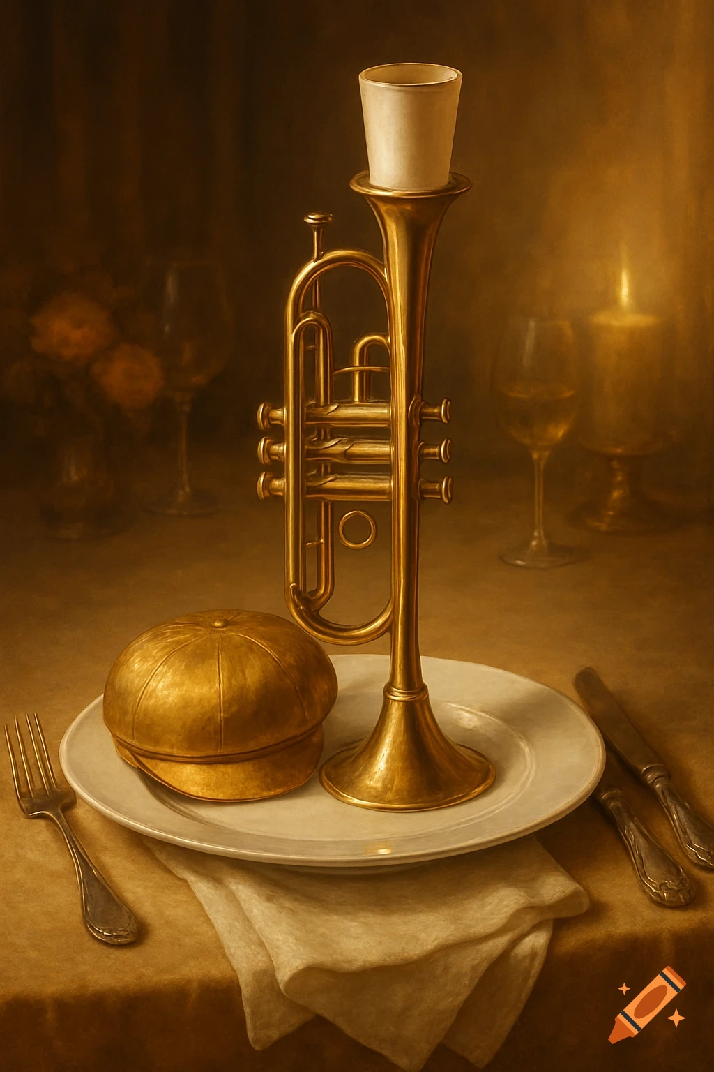 A golden trumpet and cap are placed on a white plate with cutlery on a table, in a warm, painterly still life.