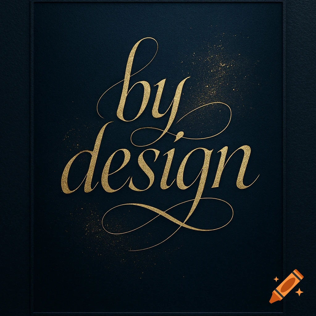 Golden cursive text "by design" with glitter on a dark blue textured background with a subtle border.