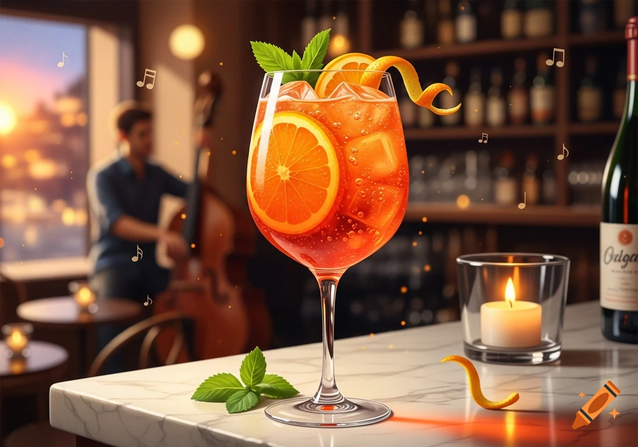 A vibrant orange Aperol Spritz cocktail with orange slices and mint, set on a marble bar in a dimly lit bar with a musician playing in the background.