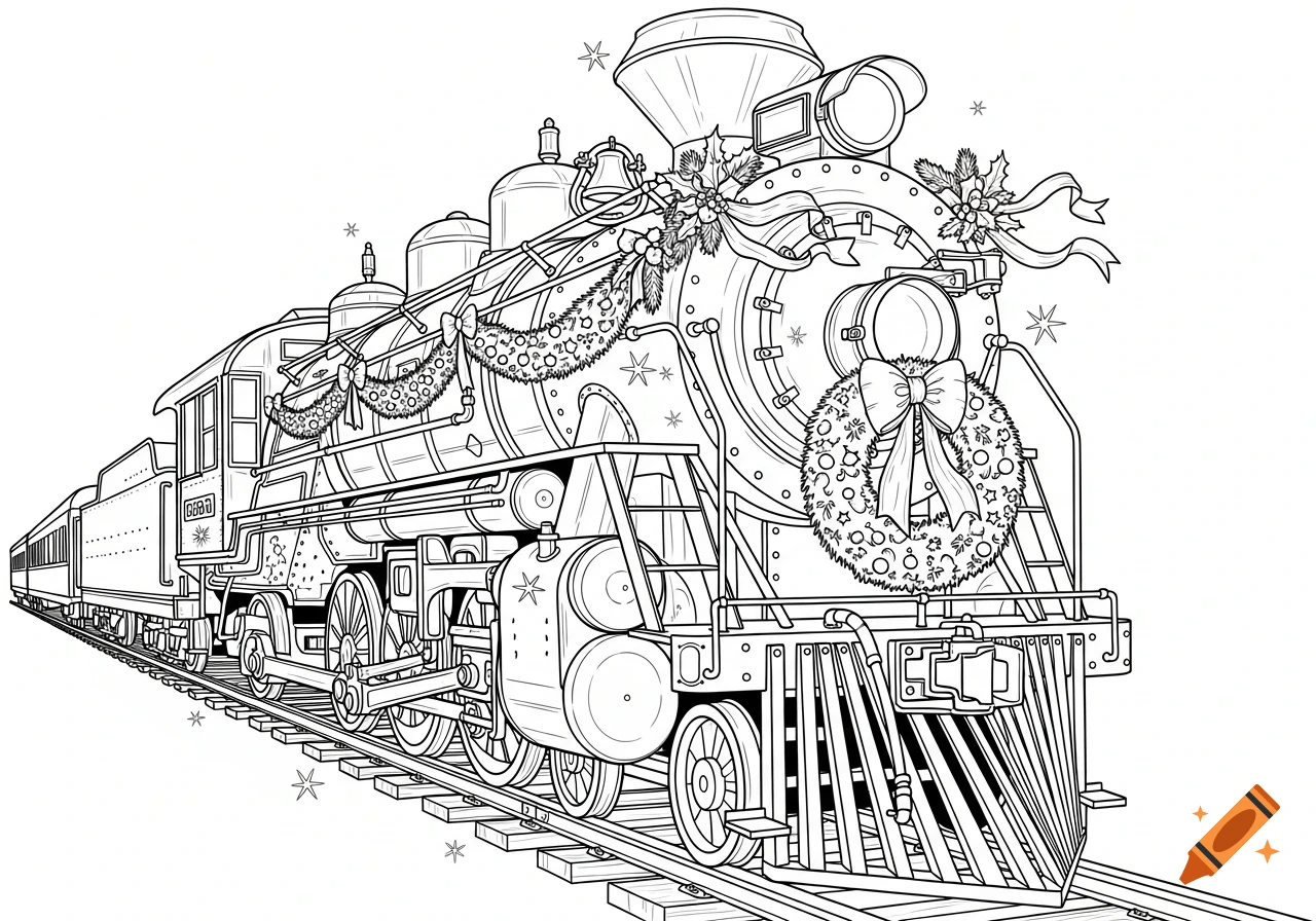 Black and white coloring page of an antique steam locomotive decorated with Christmas garlands and a wreath.
