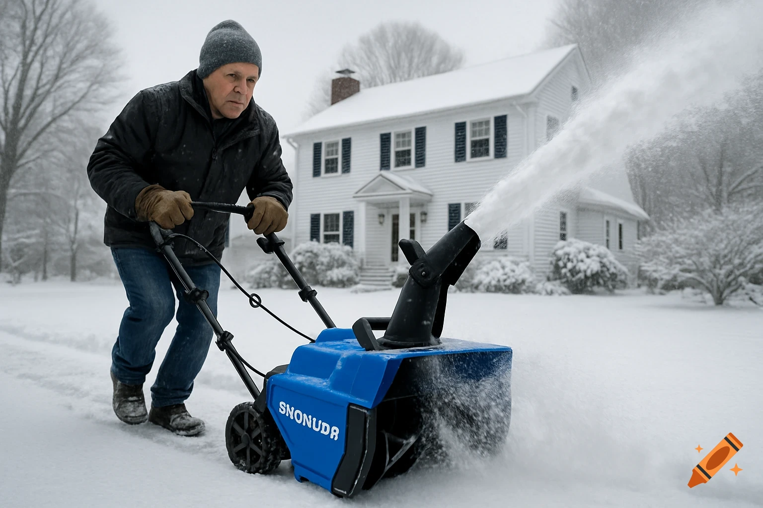 A man in a beanie and jacket operates a blue snow blower, clearing snow from a driveway in front of a white suburban house.