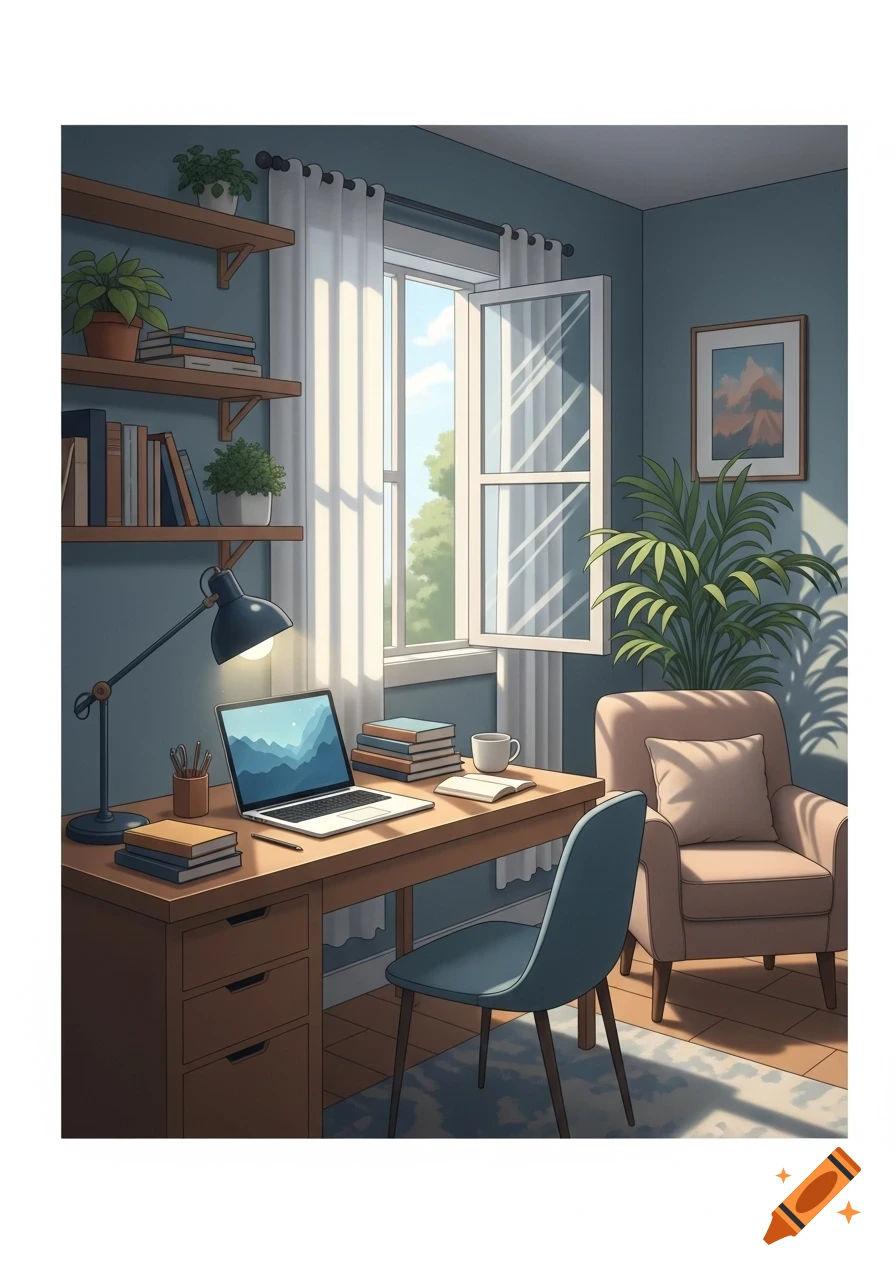 Illustrated cozy study room with a wooden desk, laptop, books, plants, and an open window, bathed in soft sunlight.