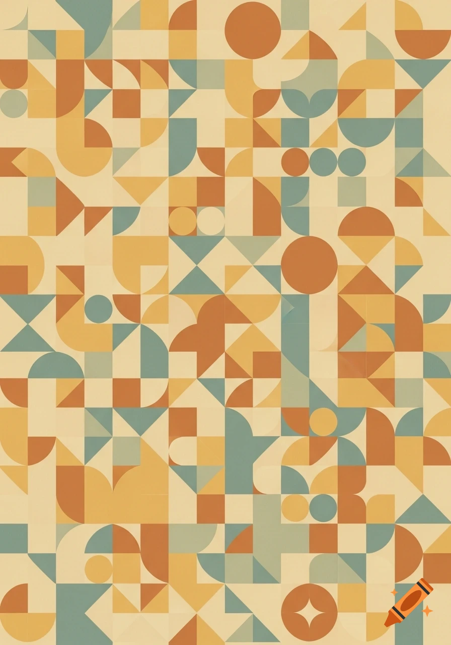 Abstract geometric pattern in teal, orange, and yellow on a cream background, evoking a mid-century modern style.
