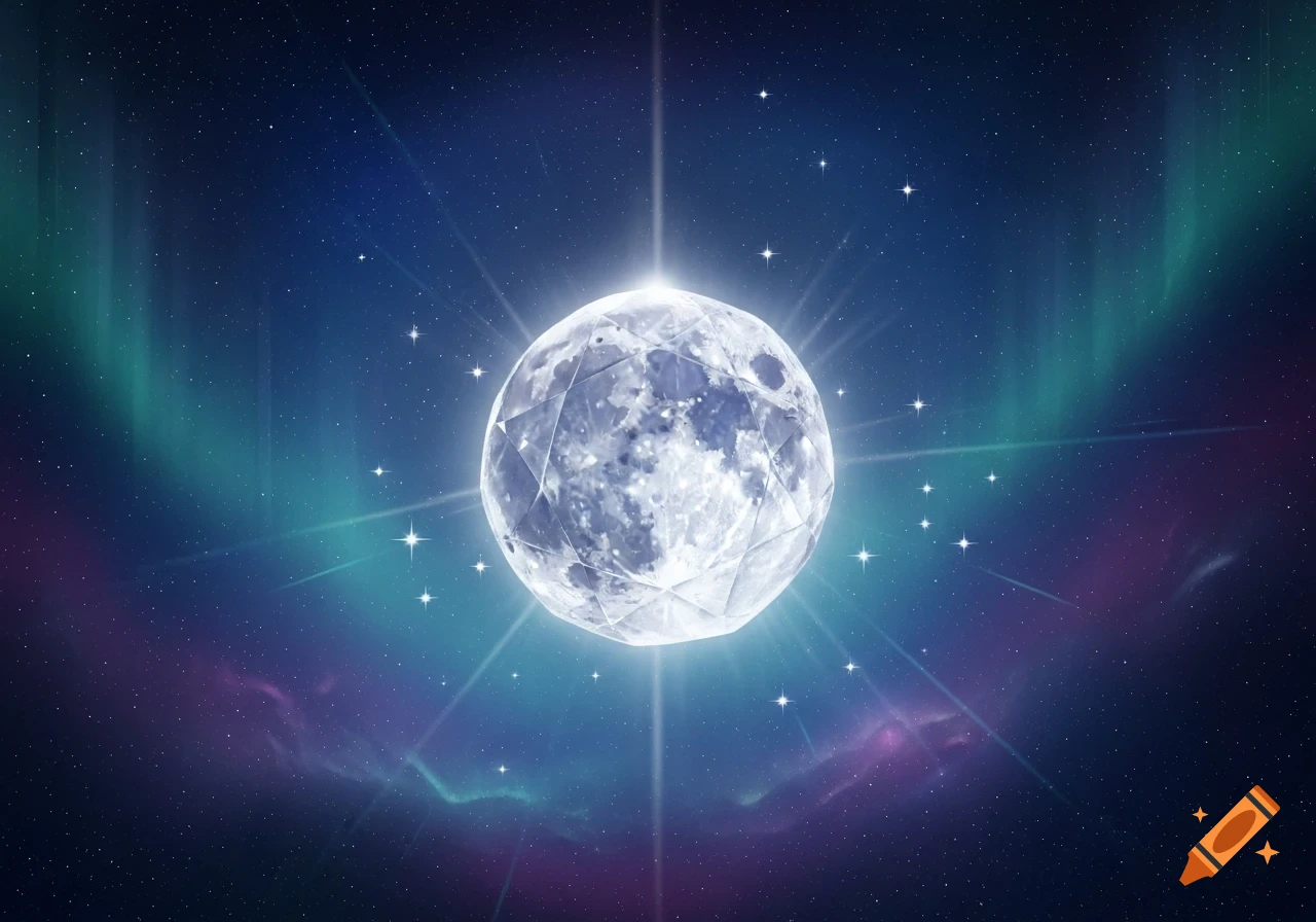 A luminous faceted crystal moon glows brightly amidst sparkling stars and an ethereal blue and purple cosmic nebula.